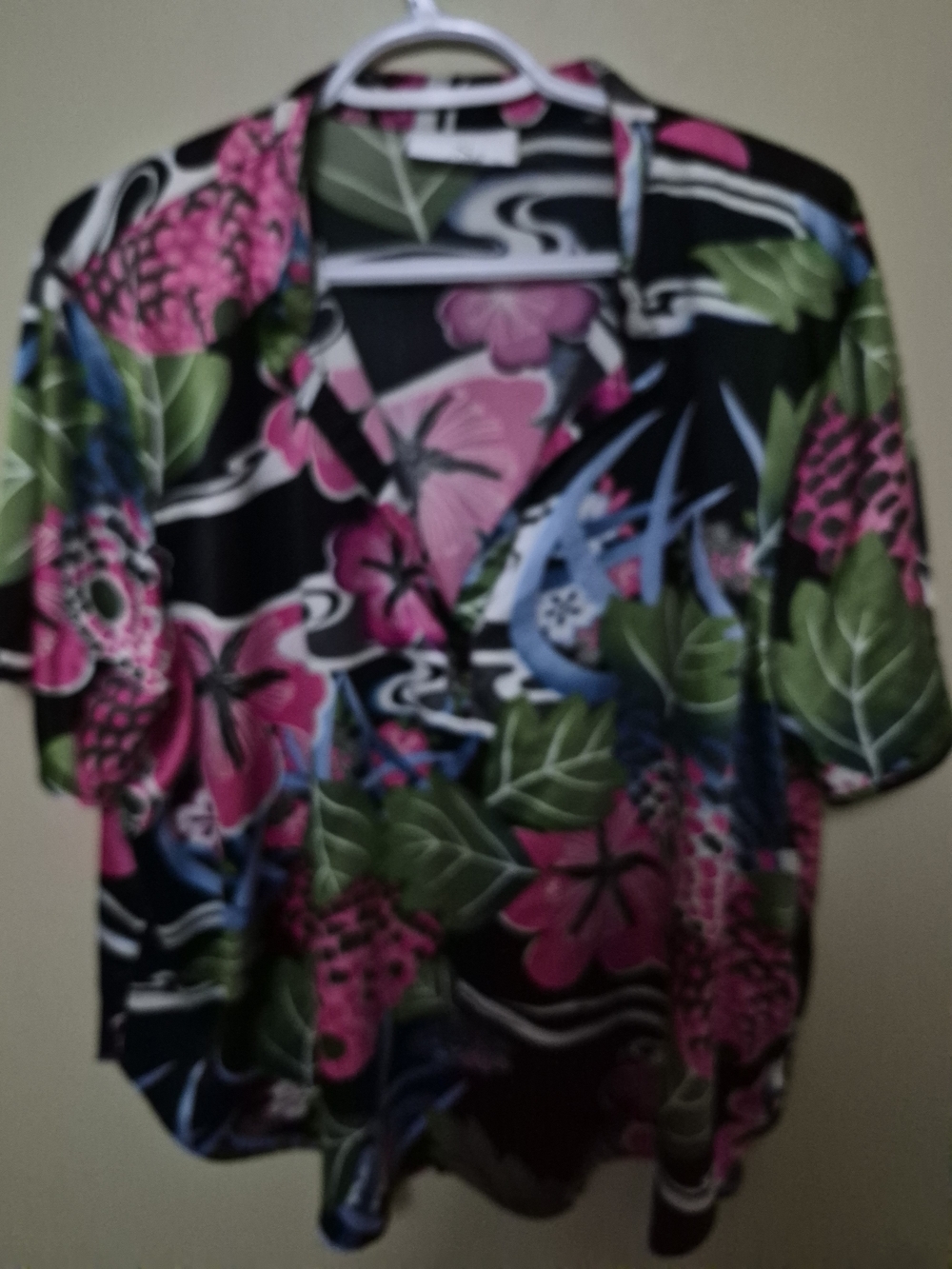 Xhilaration Black Button-Down Shirt with Pink Floral & Green Leaves